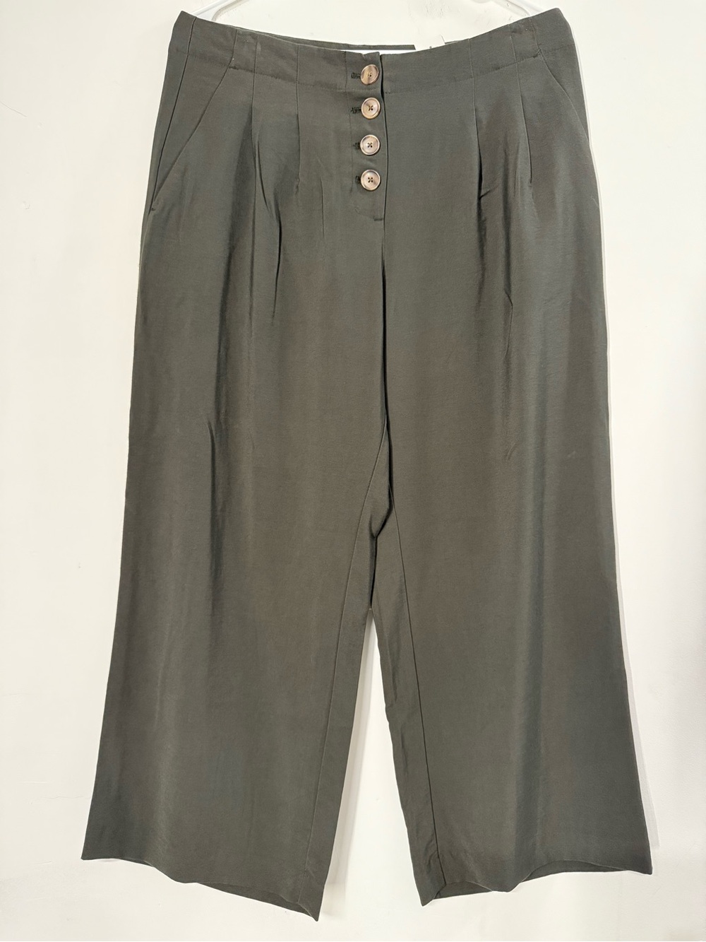 Loft High-Waist Wide Leg Button-Front Trousers in Olive